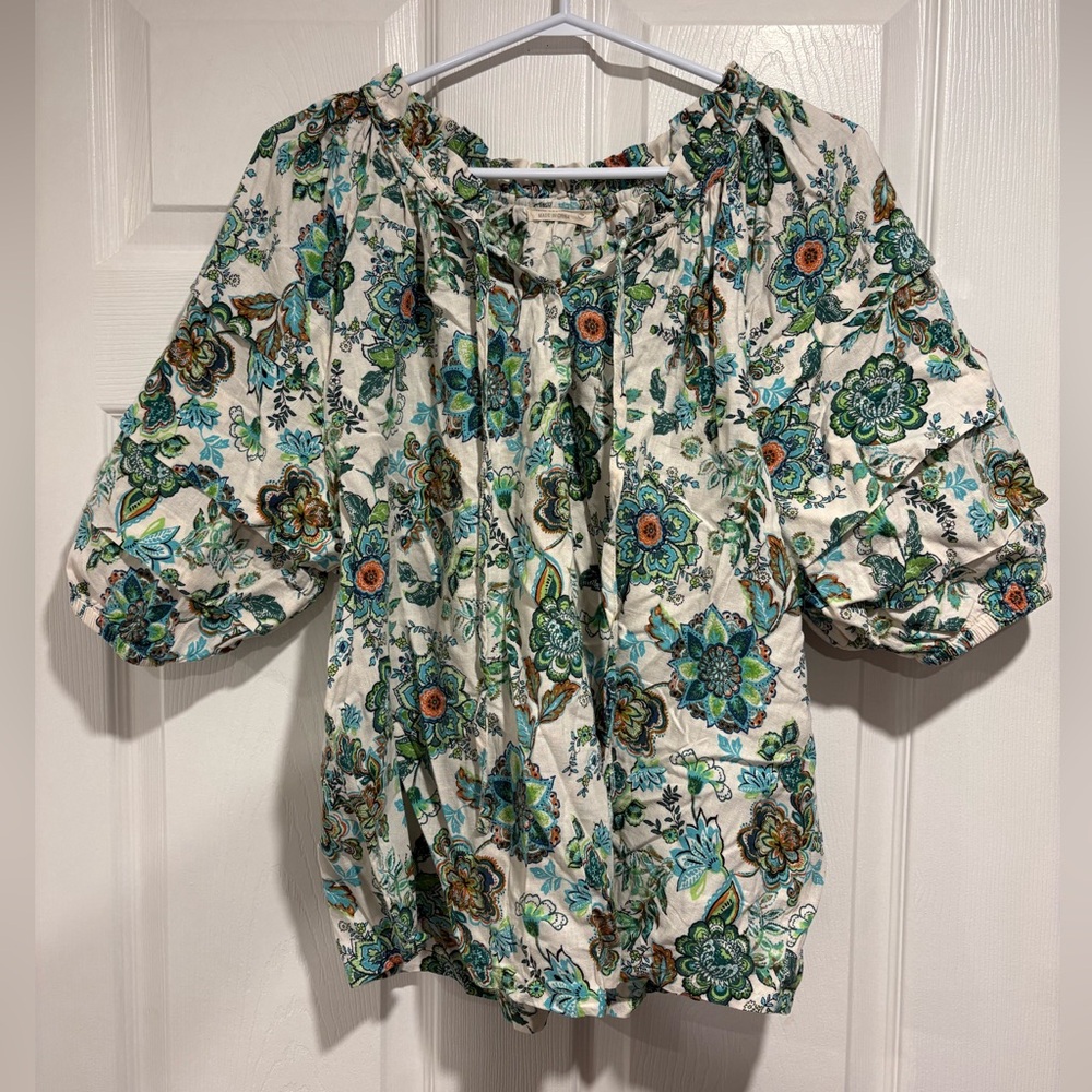4Our Dreamers Floral Linen Blend Blouse – Puff Sleeve Boho Top (Size L)
